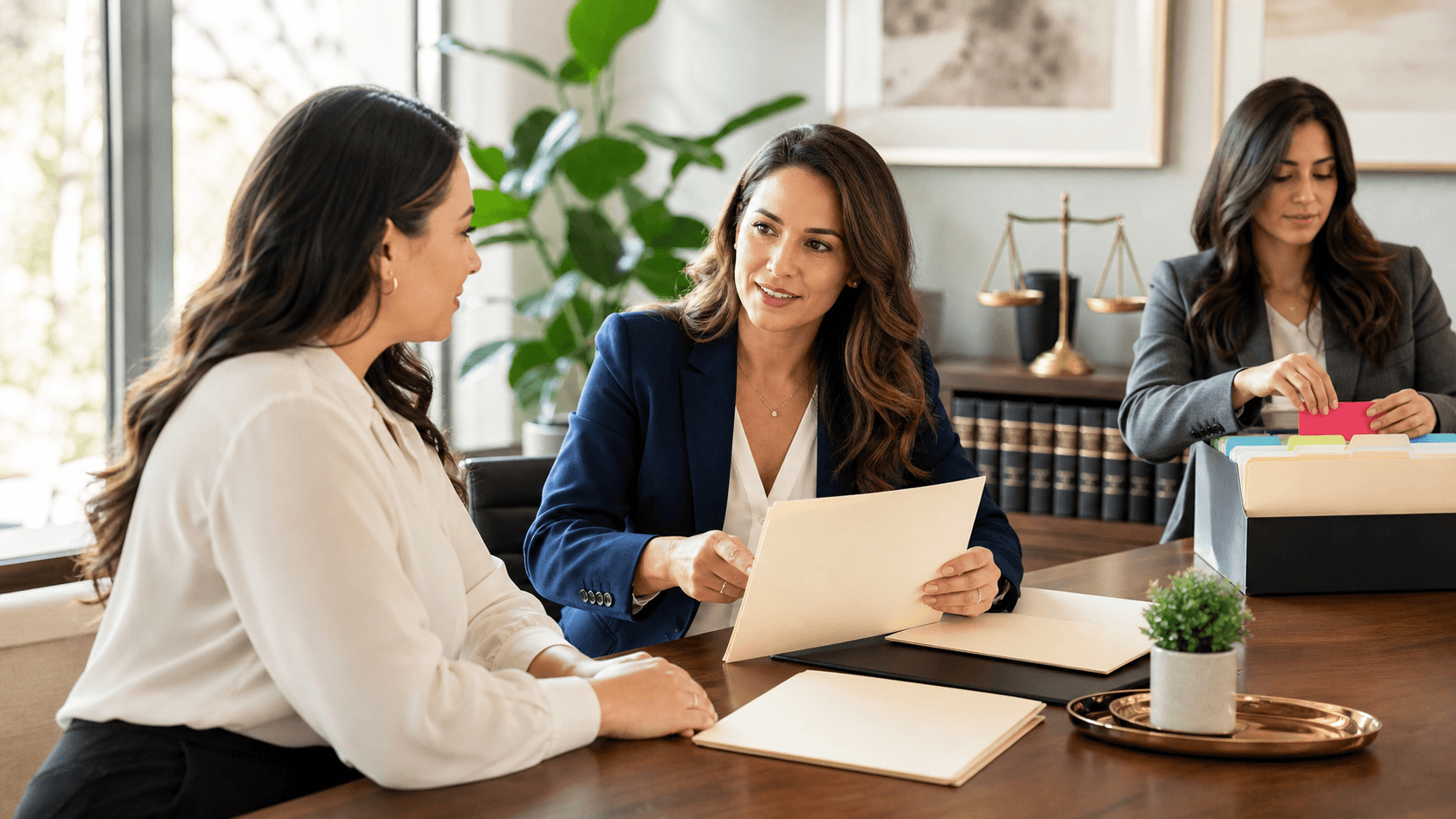 Warm office desk with legal files, a handshake, and a glowing blue revenue chart on a laptop screen.
