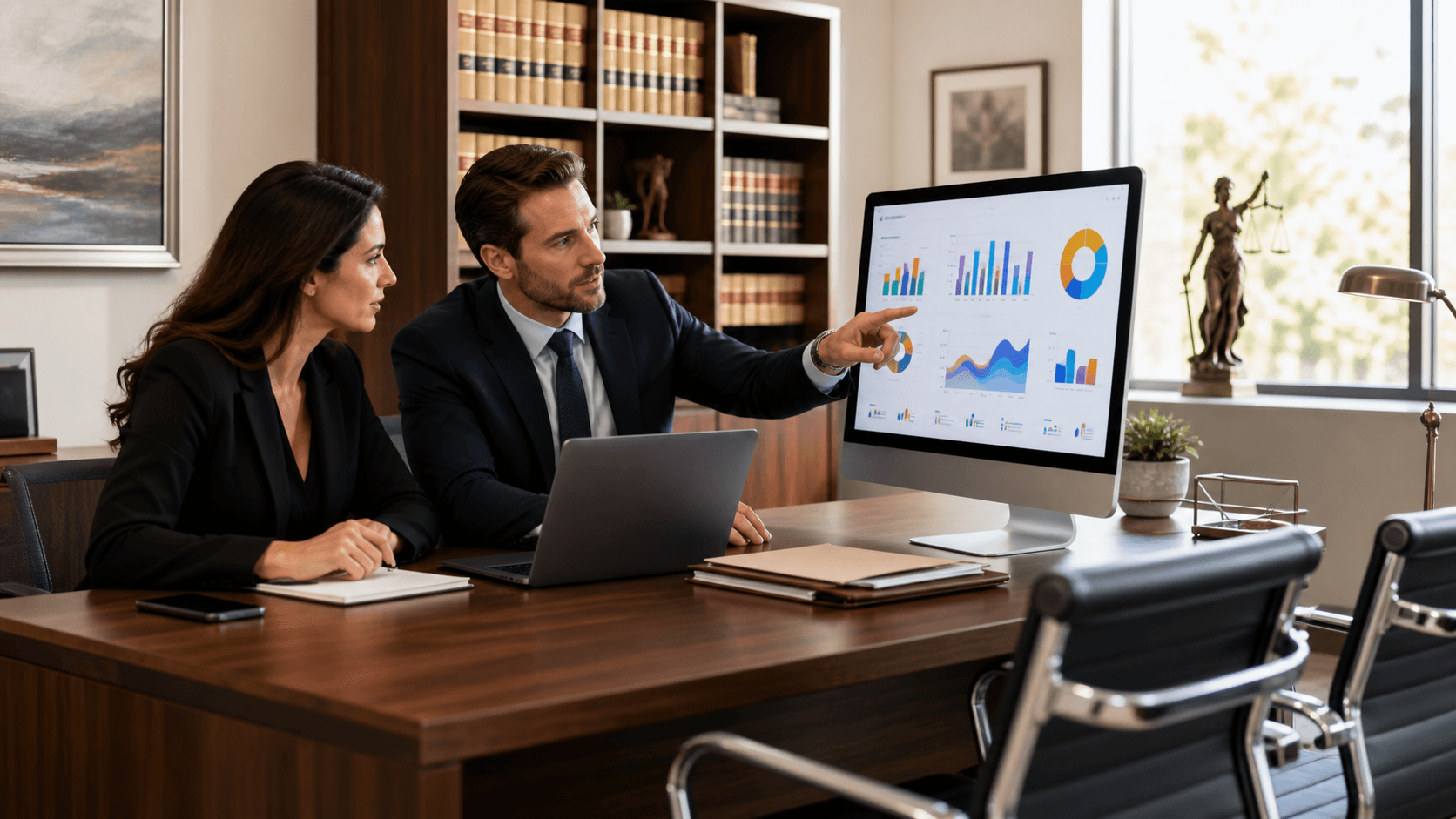 A lawyer’s desk with a laptop, legal papers, and a red declining graph against a dark blue background.