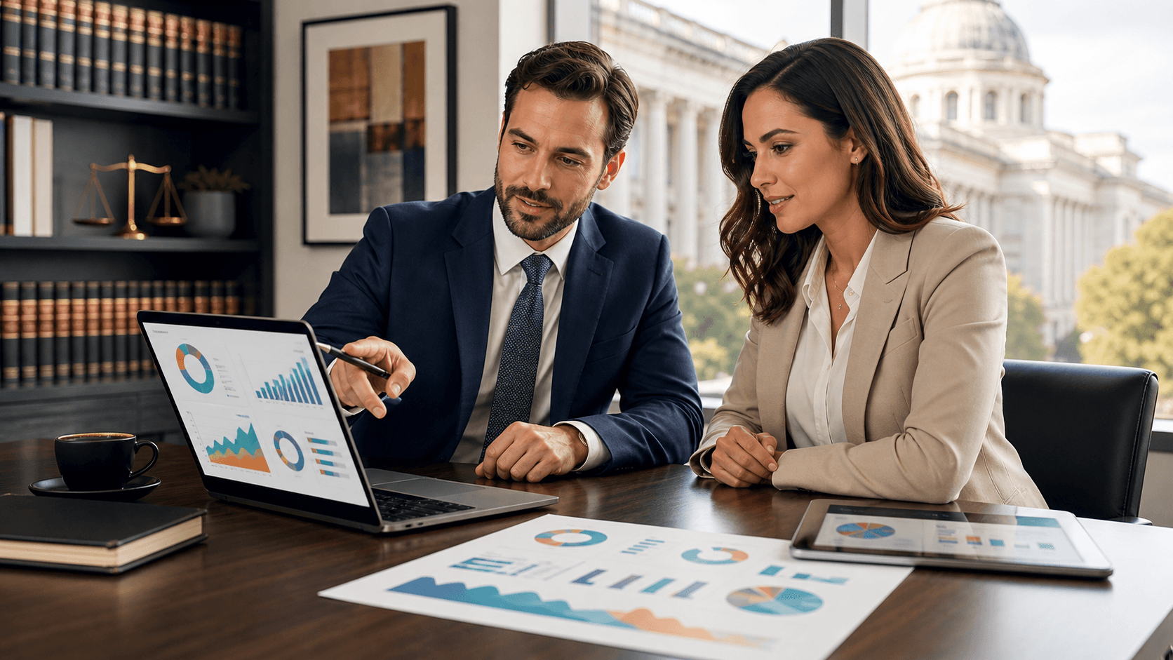 Blue analytics dashboard with legal scales icon, charts, and quarterly growth graphs on a dark background