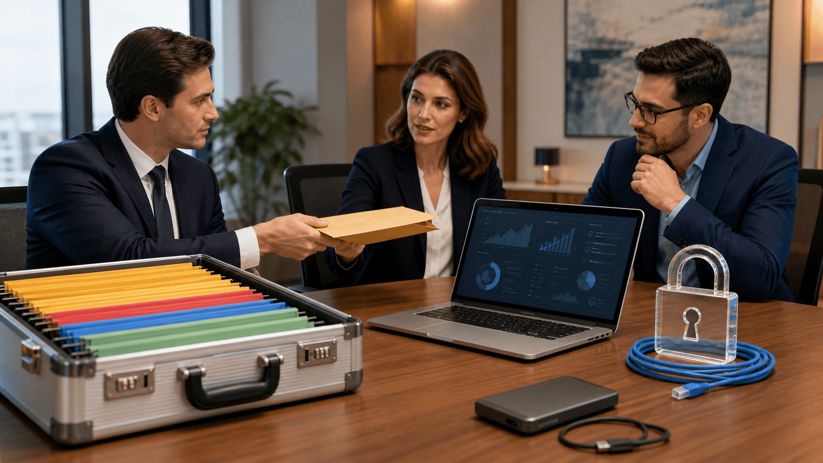 Blue-toned laptop and padlock graphic over flowing data lines, with legal document icons on a clean white background.