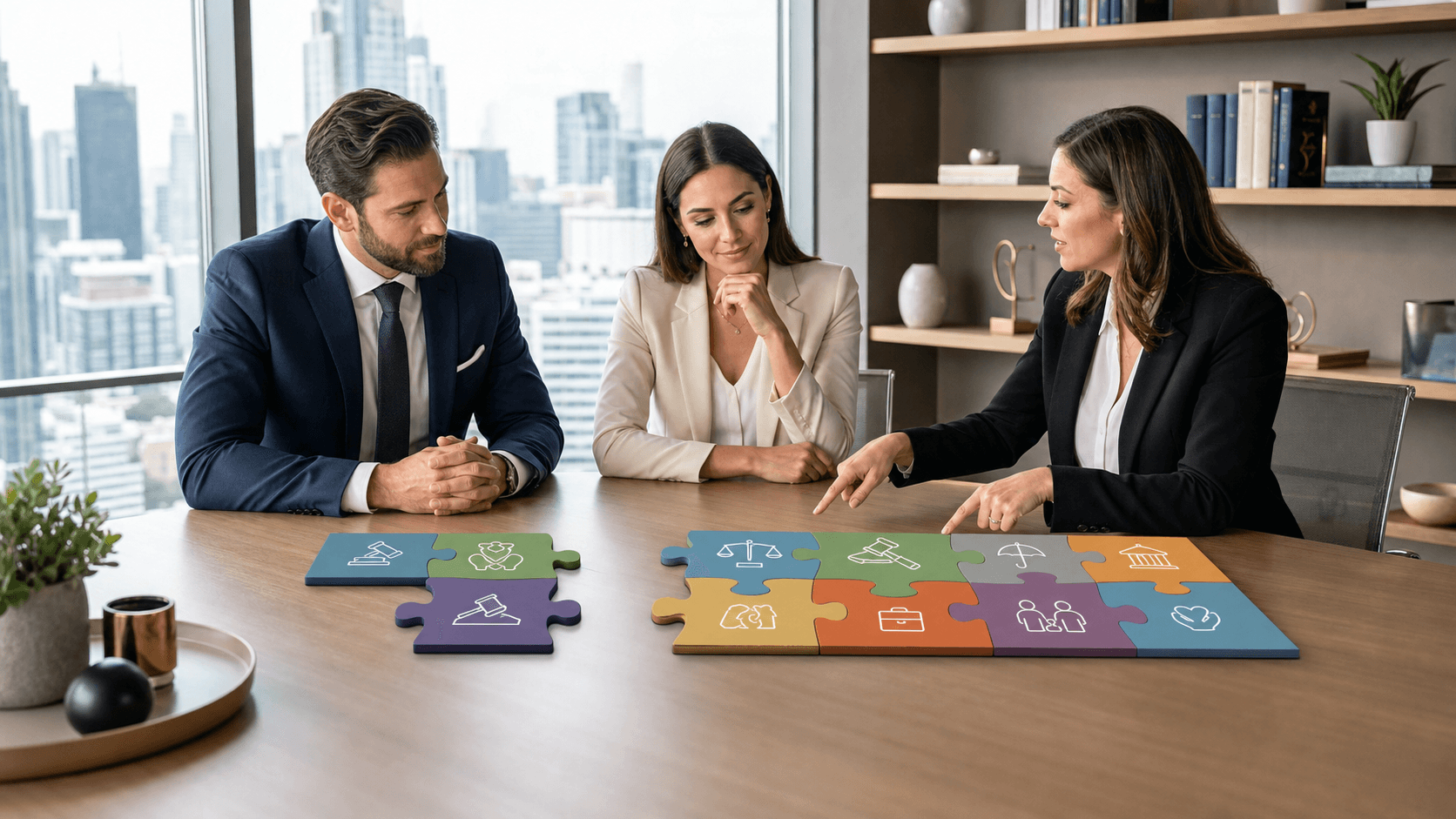 Split-screen graphic with gavel and scales on one side and family silhouettes on the other, in blue and gold tones.