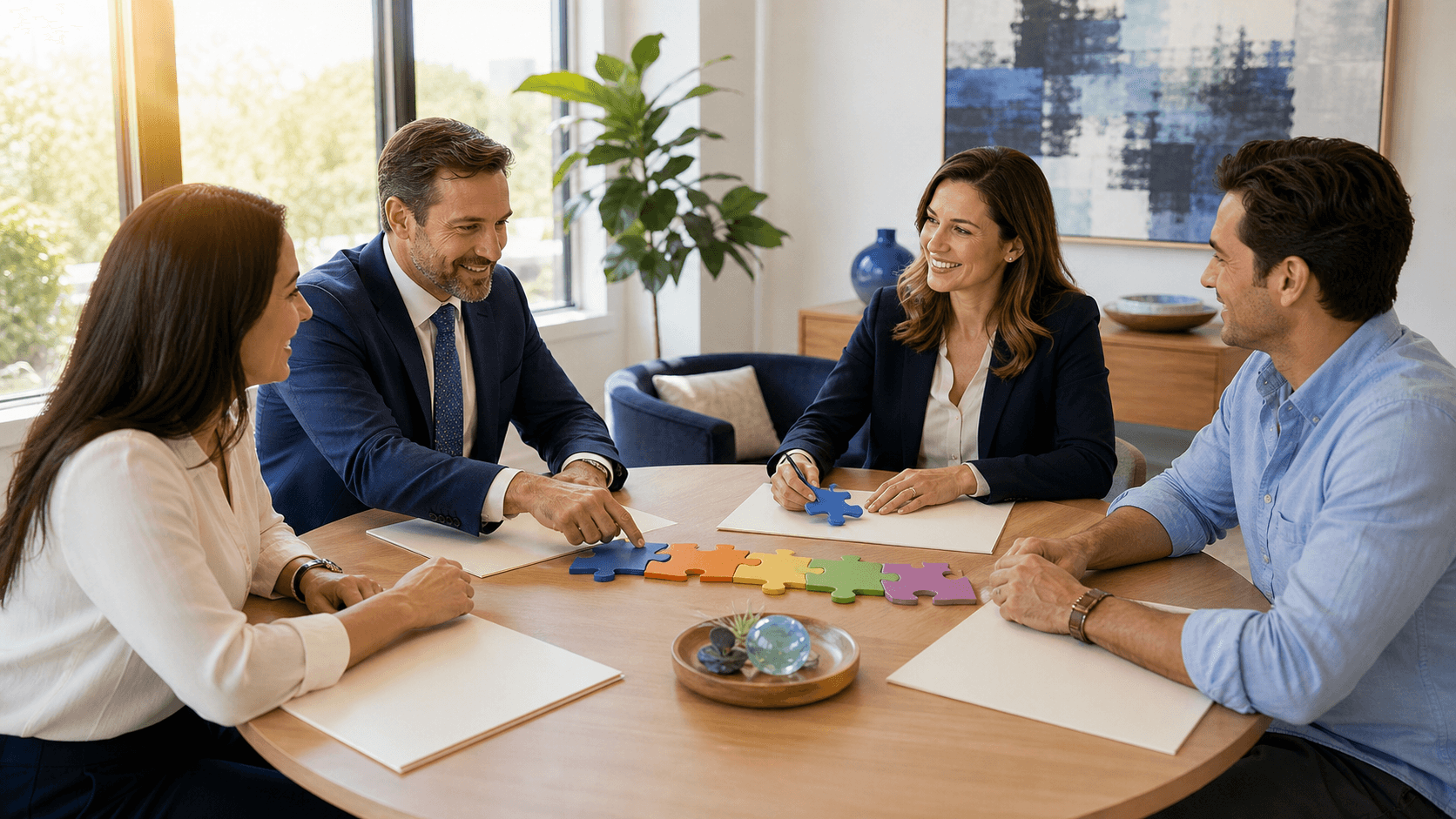 Two professionals review documents across a sunlit table, with soft blue and beige tones.