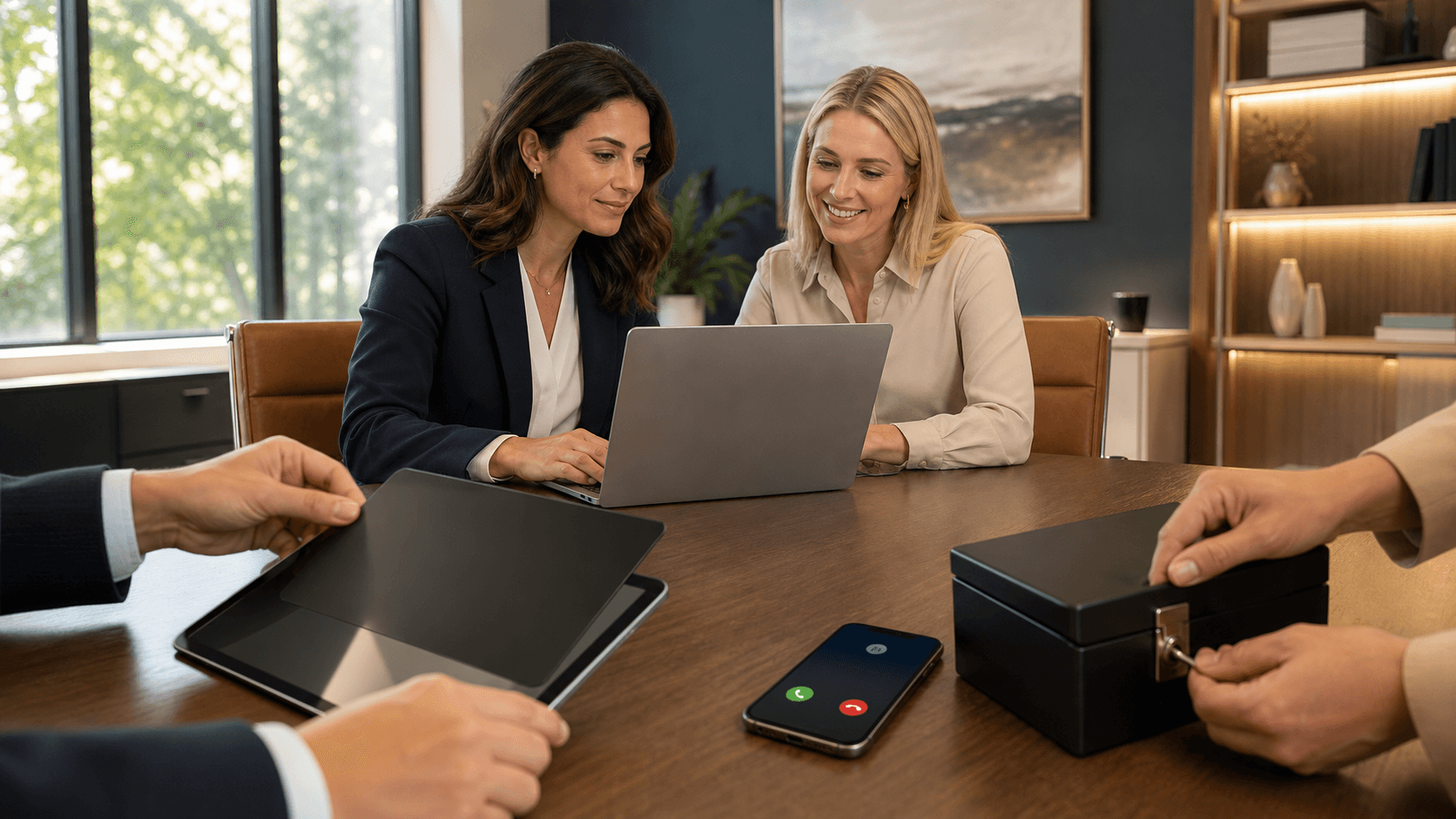 Smartphone with chat bubbles and a padlock icon on a desk, with warm light and soft blue background