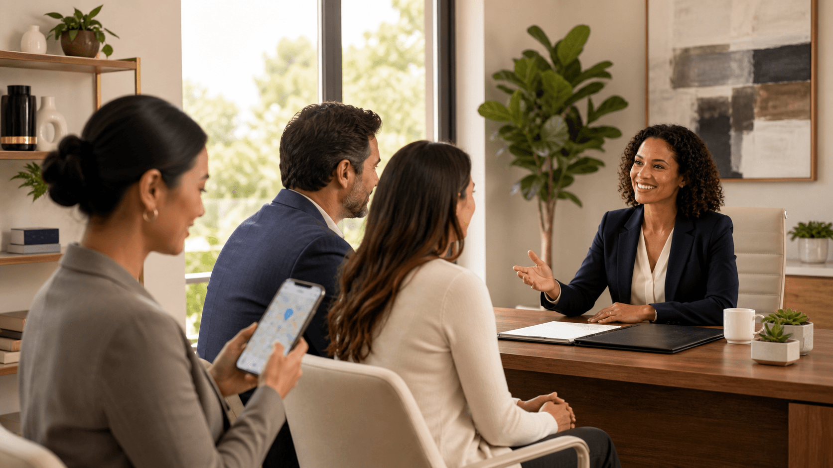 Family law attorney consults with a couple at a bright desk beside a laptop and mediation documents.