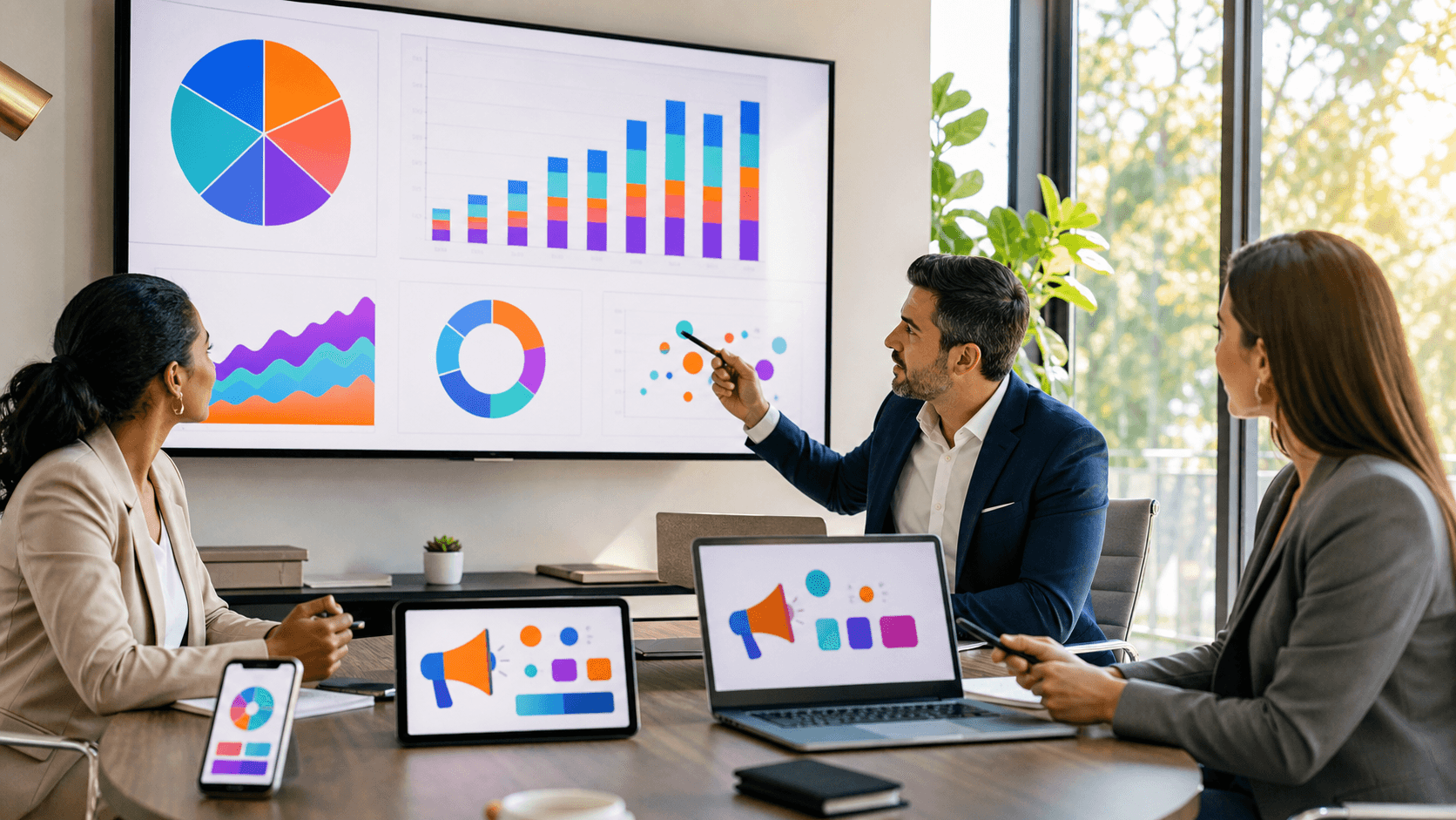 Family law icons and marketing charts connected by glowing lines on a blue digital background.
