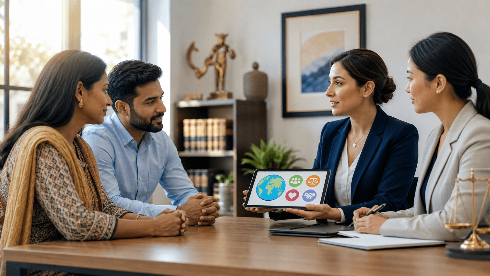 Diverse family consults with a lawyer at a sunlit desk, with multilingual text bubbles floating above.
