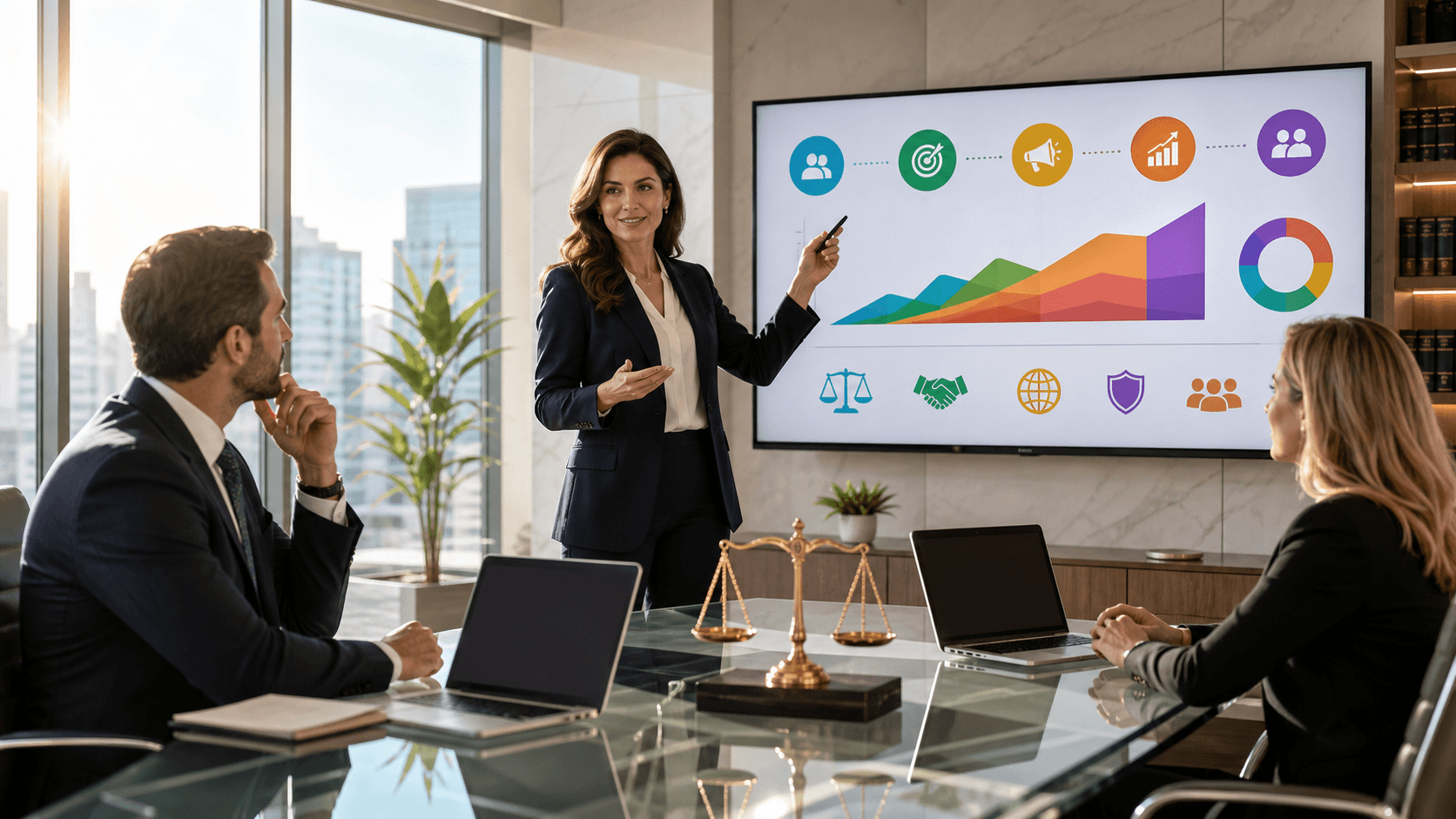 Professional woman reviews marketing charts beside a laptop in a bright, modern law office.